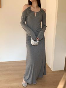 Elegant Long Sleeve Wrap Neck Dress Spring Fashion Slimming A-Line Long Skirt DT ETOLIE Brand Chinese Production Pure Color