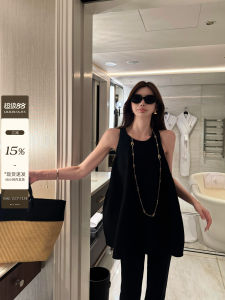 Black Knitted Neck Hanging Top Women Summer Cool Sensation Sleeveless Strap Vest Puffy A-Line Skirt Top Elegant Style Polyester Fabric