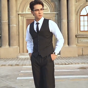 ManStyle-a Black adult plus-size vest / formal mens vest with 4 buttons V-neck sleeveless waistcoat slim fit