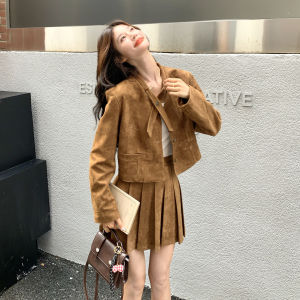 Brown Suede Two-Piece Set Womens Fashion Autumn 2025 Miniature Slimming Outerwear Pleated Skirt Vintage Style Casual Wear