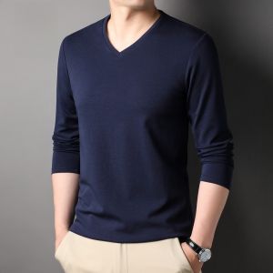 ROMON | Lormen Mens Long Sleeve Silk T-Shirt V-neck Base Layer Shirt Fashion Urban Style Standard Fit Antibacterial Solid Color Top