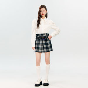 High Waist A-Line Mini Skirt Tartan Patterned Business Style Short Length Polyester Blend Skirt for Women in Their 20s