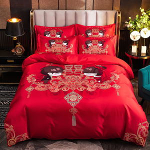 Wedding Celebration Pure Cotton Bedding Set New Couple Duvet Cover Bed Sheet Red Colorful Pattern Warmth Storage Function
