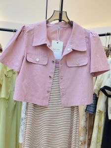 Fashionable Short Sleeve Shirt Jacket Womens Style Korean Version Casual Fit Polyester Fiber Pure Color Polo Collar Top