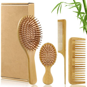 Bamboo Hair Brushes and Comb Set Comb for Women and Detangling Great on All Hair Handmade for Women Men