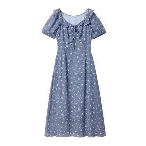 LANYU | Đầm Voan Hoa Xếp Ly Tùng Xòe Dây Rút eo Trơn Slimming V-Neck Plus Size