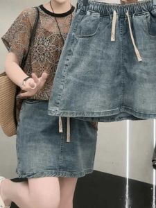 Spring Summer High Waist Drawstring Elastic Denim Short Skype A-Line Hip Covering Slimming Semi-Body Skirts Trendy Style
