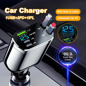 5 in 1 Car Charger Fast Charging Retractable 12V to 24V Multiple Cable Splitter with Voltmeter