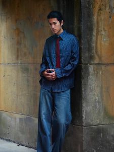 Áo Sơ Mi Nam Phong Cách Renaissance Rộng Rãi Màu Xanh Klein Cổ Điển Phong Cách Nhật Bản Dáng Rộng Mùa Thu Cổ Bẻ Tay Dài Thường Ngày