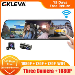 EKLEVA 3 Channels Mirror Camera WiFi Car Video Recorder Rearview mirror Dash Cam Front and Inside with Rear Camera Mirror DVR Black Box
