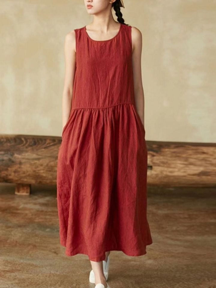 Loose Cotton Linen Sleeveless Vest Long Dress Women Summer Thin Breathable High Waist A-Line Skirt round Neck Solid Color