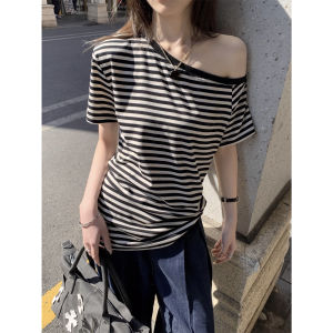 เสื้อยืดลายทางแขนสั้นหลวมๆ สำหรับผู้หญิง ฤดูร้อน 2025 ทรงหลวมๆ แขนสั้น ทรงหลวมๆ สำหรับนักเรียน เสื้อผ้าทำงาน ผ้าฝ้ายผสม