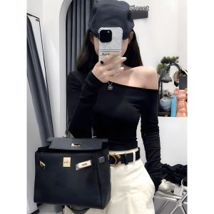 Sleeve Slant Shoulder Slim Fit Spring Autumn Tee