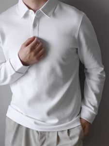 American Style Long Sleeve Polo Shirt Mens Slim Fit Casual Pure Color Workwear T-Shirt Business Commuter Paul Shirt