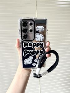 Samsung S25 Ultra Phone Case New Mirror Protection Soft Edge Hard Back Cover with Black Lanyard Anti-Fall Cute Dog Design Luxury Feel