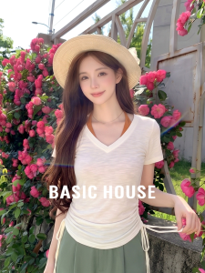 Basic House | Apricot Color Tencel Illusion Layered Short Sleeve V-Neck T-Shirt Summer