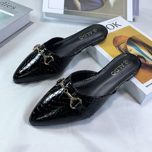 Womens Summer Outdoor Wear Painted Leather Flat Heel Mules Backless Slip-On Snake Skin Pattern Flat Bottom Slippers