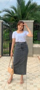 Theana Skirt-Rok Jeans Wanita Kancing Depan Front Slit/Rok Spawn Jeans Panjang Korean Style