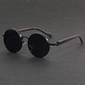 1pcs Retro Round Glasses Wood Grain Design Black Alloy Frame Durable PC Lenses