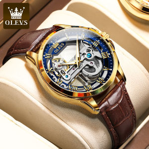 OLEVS 6661 Top Brand Mens Watches Fashion Hollow Flywheel Automatic Mechanical Wristwatch Waterproof Luminous Leather Strap