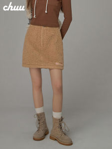 Chuu Lamb Fur Half Skirt Womens A-Line Mini Skirt Embroidery Small Size Autumn New Arrival High Waist Korean Style Short Skirt
