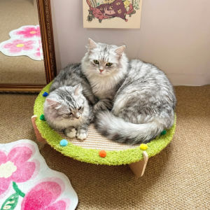 Teekland Cat Hammock Bed Wooden Elevated Cat Beds with Natural Sisal Scratching Mat Cats Scratcher Bed Cats Scratching Beds with Wood Frames
