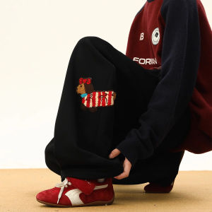 BWKA Winter Thickened Warmth Embroidered Fleece Lined Straight Leg Sporty Casual Pants for Men And Women Cotton Pants