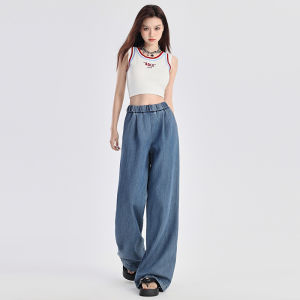 S-6XL Celana Jeans Denim Wanita Panjang Longgar Pinggang Tinggi Lurus Tanpa Kantong Pinggang Elastis