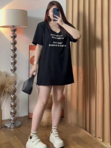 Áo Thun Nữ Dáng Rộng Cổ Chữ U Màu Trắng Mùa Hè Thường Ngày Dài Vừa Phải in Chữ Tay Ngắn Phong Cách Hàn Quốc