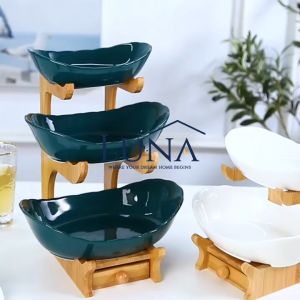 LUNA [Lanny Boat Fruit Plate] Ins Multi Tier Ceramic Boat Shaped Food Storage Kitchenware Wooden Stand With Drawer