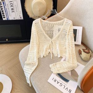 Linen Knitted Open Cardigan Hollow out Short Sleeveless Summer Thin Sun Protection Shawl Cover up V Neck Single Piece