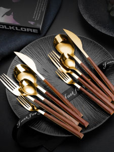 5/10/16/24/30Pcs Stainless Steel Imitation Wooden Handle Cutlery Set Dinnerware Clamp Western Tableware Knife Fork Tea Spoon