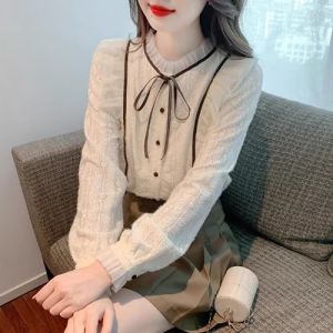 BaKuShen Spring 2025 Womens Long Sleeve Lace Shirt Inner Wear Blouse Floral Collar Splice Belt Korean Style Top Fashion Accessories