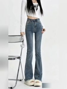 High Waist Frayed Hem Flare Jeans for Women Korean Slim Fit Bootcut Denim Pants Raw Edge Fringe Bell Bottom Trousers Non Plus Size Regular Standard Size Y2K Streetwear Daily Outfit for 18-35 Ladies