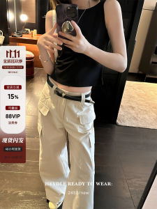 American Style Wide Leg Workwear Pants Womens Multi-Pocket Straight Leg Casual Trousers Long Pants Simple Commute Style