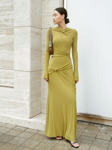TWOTWINSTYLE Unique Design Knot Metal Buckle Long Sleeve Slim Fit round Neck Bodycon Dress Womens Southeast Asian Style Pure Color Asymmetric Waist Shaping Polyester Blend Long Dress