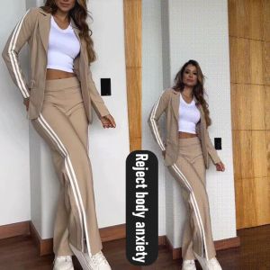 Womens Casual Slimming Two-Piece Set Lapel Blazer And Wide-Leg Pants Set Spring-Autumn Sports Suit Plus Size