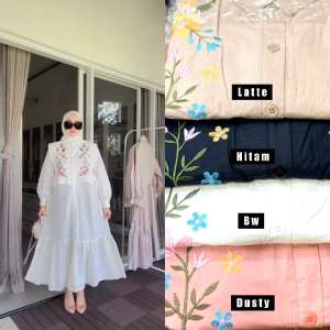 Midi Dress Bordir Busui Frendly - Midi Dress Model Korean Style - Midi Dress Poplin Bordir untuk Wanita
