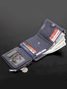 Vanlord Mens Short Denim Wallet with Vertical Zipper Closing Multi-Function Ticket Clip and Card Slots Fashion Japanese and South Korean Style