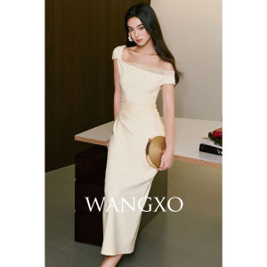 WANGXO | Đầm Knit Asymmetric Chéo Vintage Lace