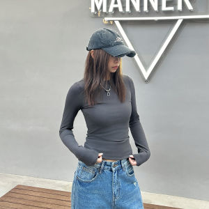 StreetStudio American Retro Basic Fit Elastic Long Sleeve Womens Base Shirt Versatile Underwear Bottoming Top round Neck T-shirt