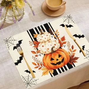 VIKAMA 2/4/6pcs Halloween Placemats Pumpkin Bat Skeleton Hand Spider Boo Letter Table Mat Spooky Home Decoration