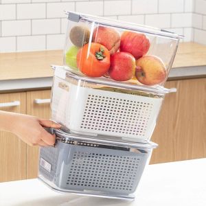 【LonlyDance】กล่องเก็บของในตู้เย็น กล่องถนอมอาหาร พร้อมตะกร้า ระบายน้ำ 2 ชั้น สำหรับกล่องถนอมอาหาร ผัก ผลไม้