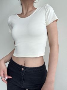 American Style Hot Girl White U-Neck Short Sleeve T-Shirt Women Summer Basic Slim Fit Versatile Beautiful Belly Button Top