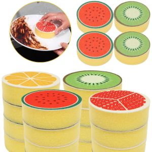 4PCS Creative Fruit Print Double-Sided Dishwashing Sponge for Kitchen Round Dishwashing Rag Soft Sponge Cleaning Brush Decontamination Scrub Pad Sponge