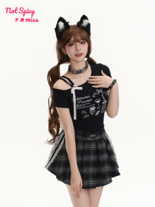 American Sweet And Spicy Style Short Sleeve T-Shirt Womens Summer New Fun Print Lace Belted Shoulder Bared Slim Fit Top Y2K