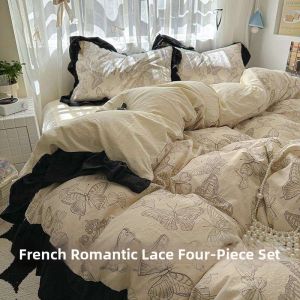 French Romantic Floral Washed Cotton Bedding Set 4pcs/3pcs
