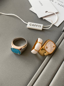 CAFFTI | European-style White and Blue Enamel Square Leather Womens Ring