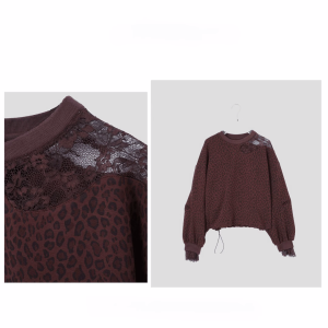 French Lace Splicing Hollow out Leopard Print Sweatshirt Womens plus Size Slimming High-End Feeling Top for Autumn 2025