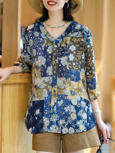 QINGNAER | Trendy Versatile Slim Fit Loose V-Neck Three-Quarter Sleeve Printed Blouse